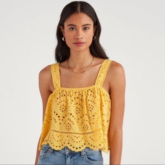 7 FOR ALL MANKIND | Yellow Eyelet Cropped Tank M - Picture 1 of 10